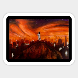 Astral projection over a orange sunrise city Sticker